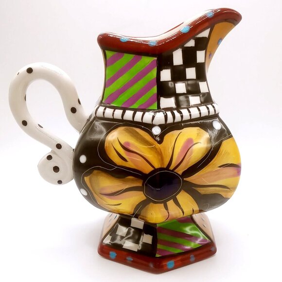 Studio Designworks Ceramic Creamer Pitcher Hand Painted Flower Pattern 5.25" H - Picture 3 of 11